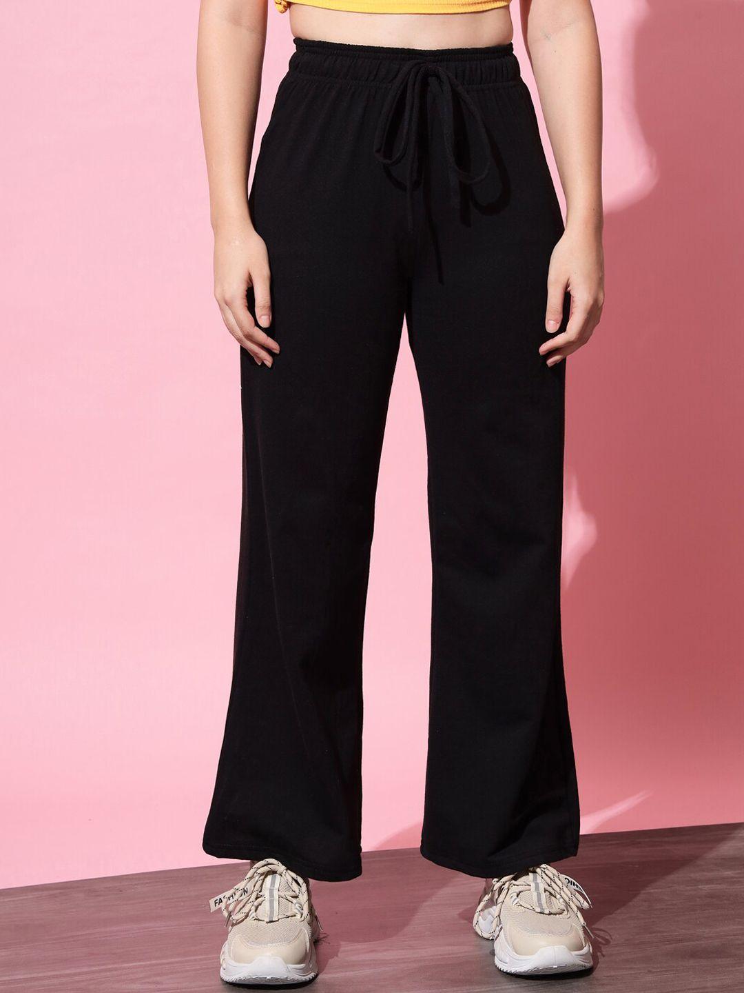 q-rious women black solid relaxed-fit flared track pants