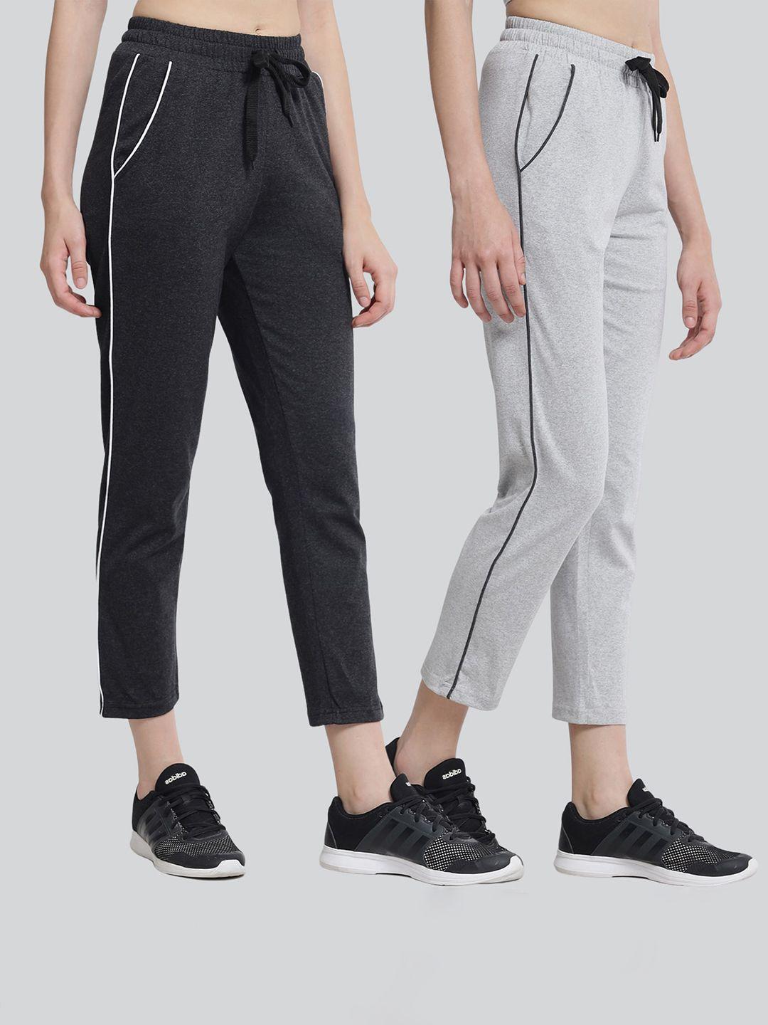q-rious women pack of 2 grey & black solid pure cotton track pants