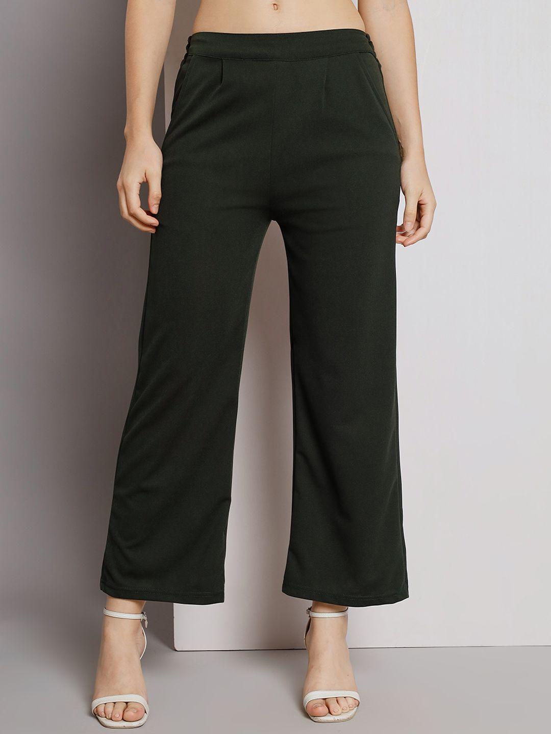q-rious women olive green relaxed flared pleated trousers