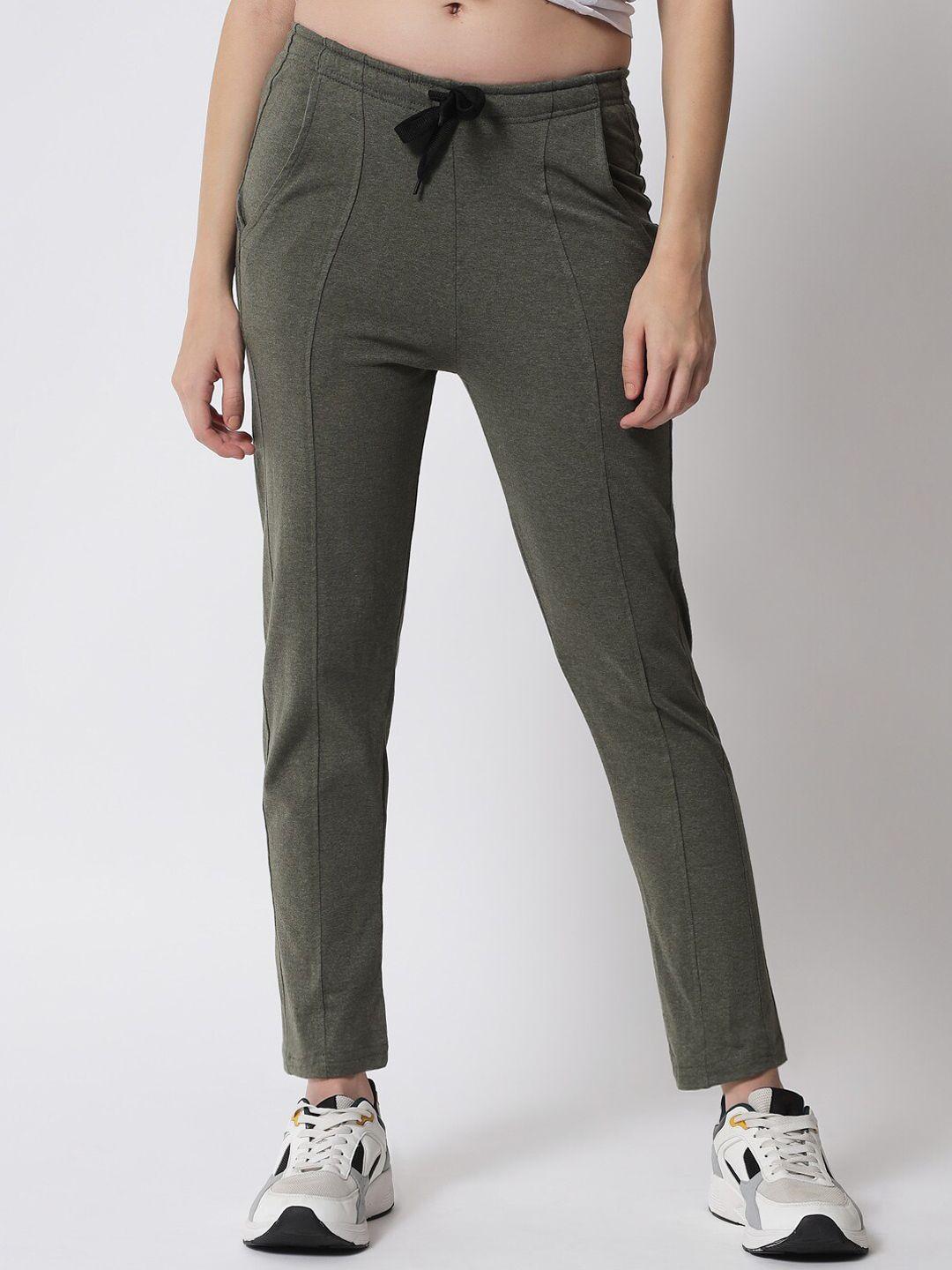 q-rious women olive-green solid pure cotton track pant