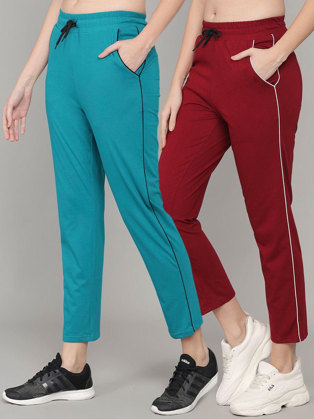 q-rious women pack of 2 blue and maroon pure cotton track pants