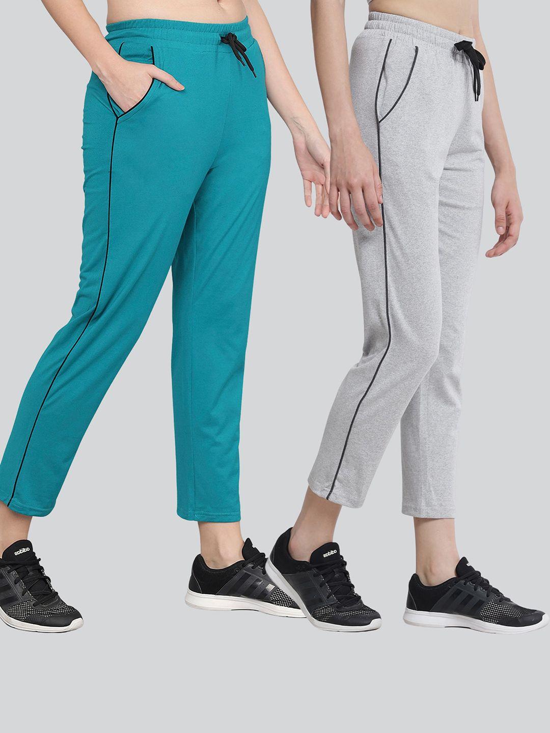 q-rious women pack of 2 grey & rama green solid cotton track pants