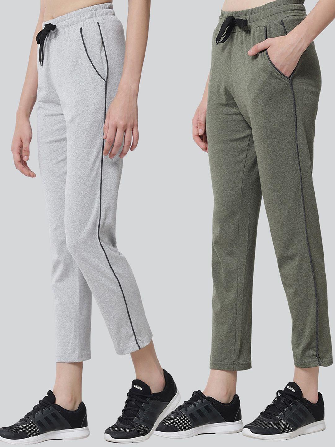 q-rious women pack of 2 grey and olive green pure cotton track pants