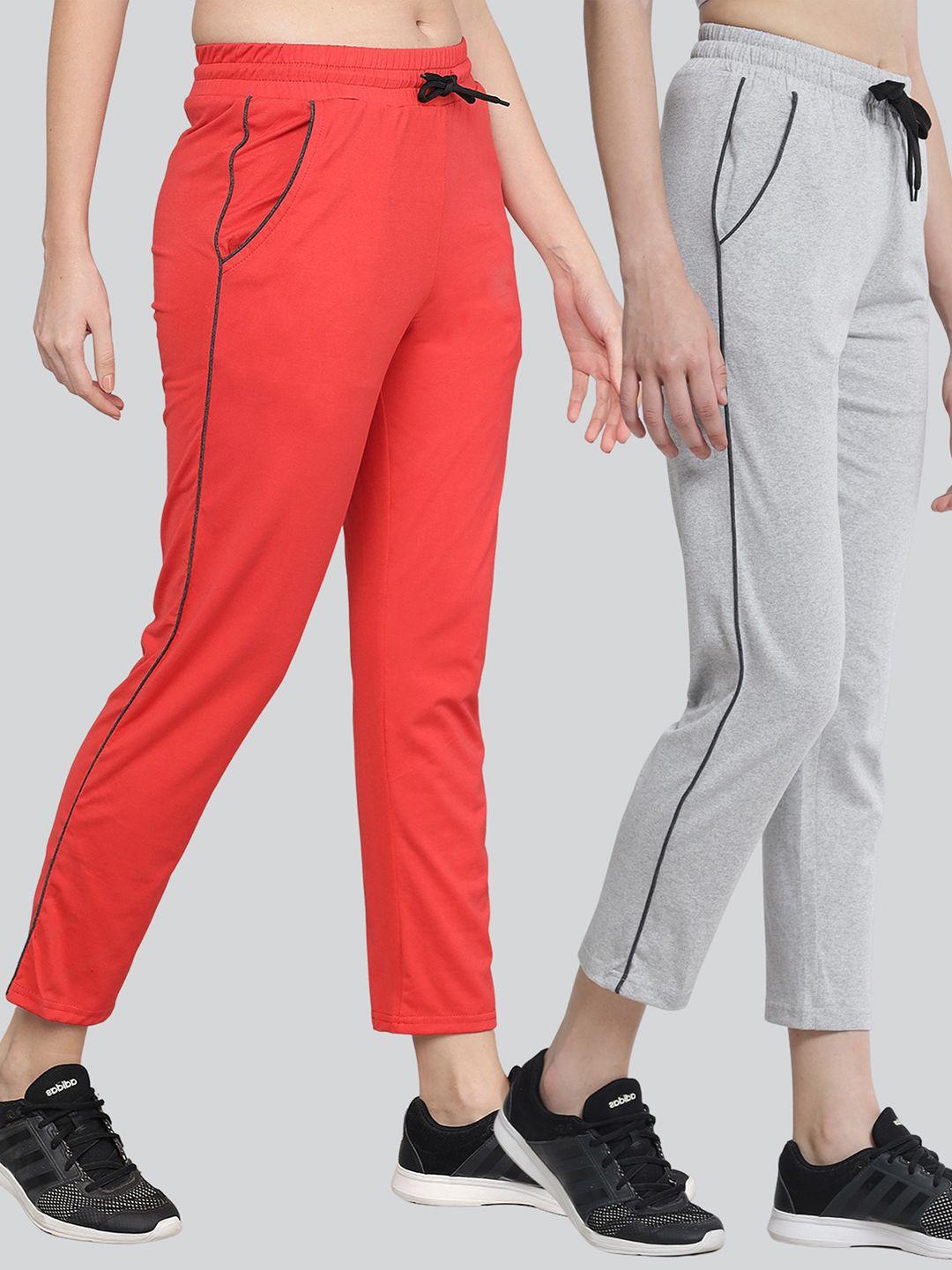 q-rious women pack of 2 orange and grey pure cotton track pants