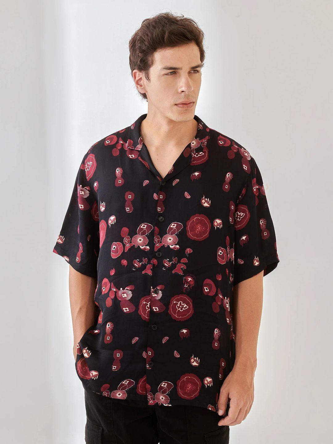 qb men classic oversized fit abstract printed silk casual shirt