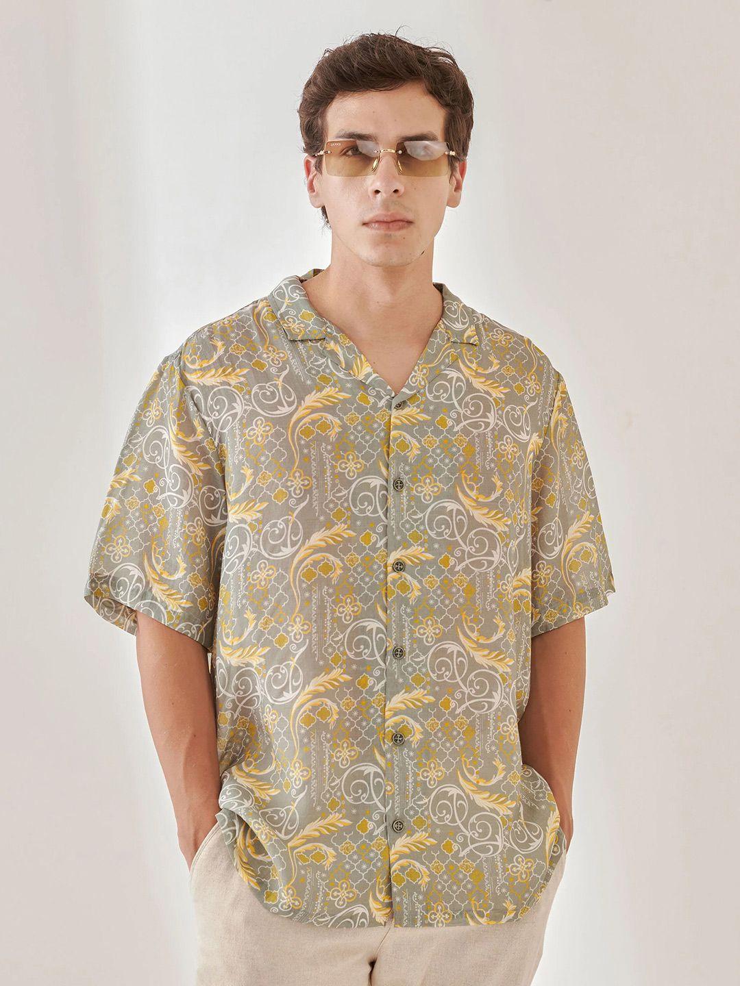 qb men classic oversized fit ethnic motifs printed silk casual shirt