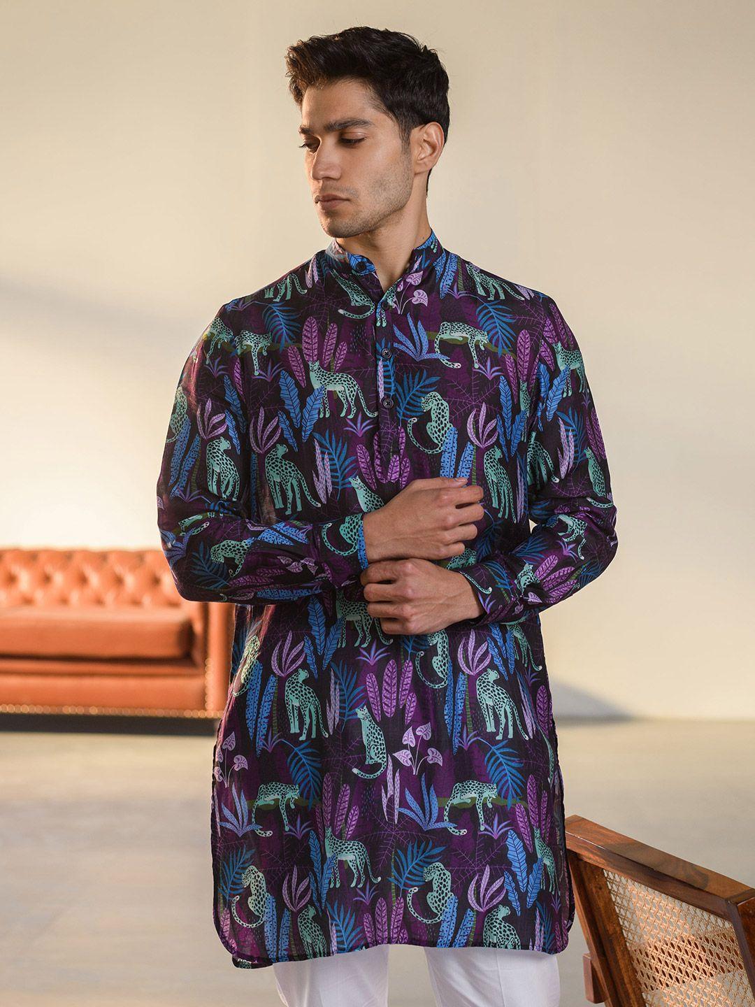 qb men ethnic motifs printed pure silk straight kurta