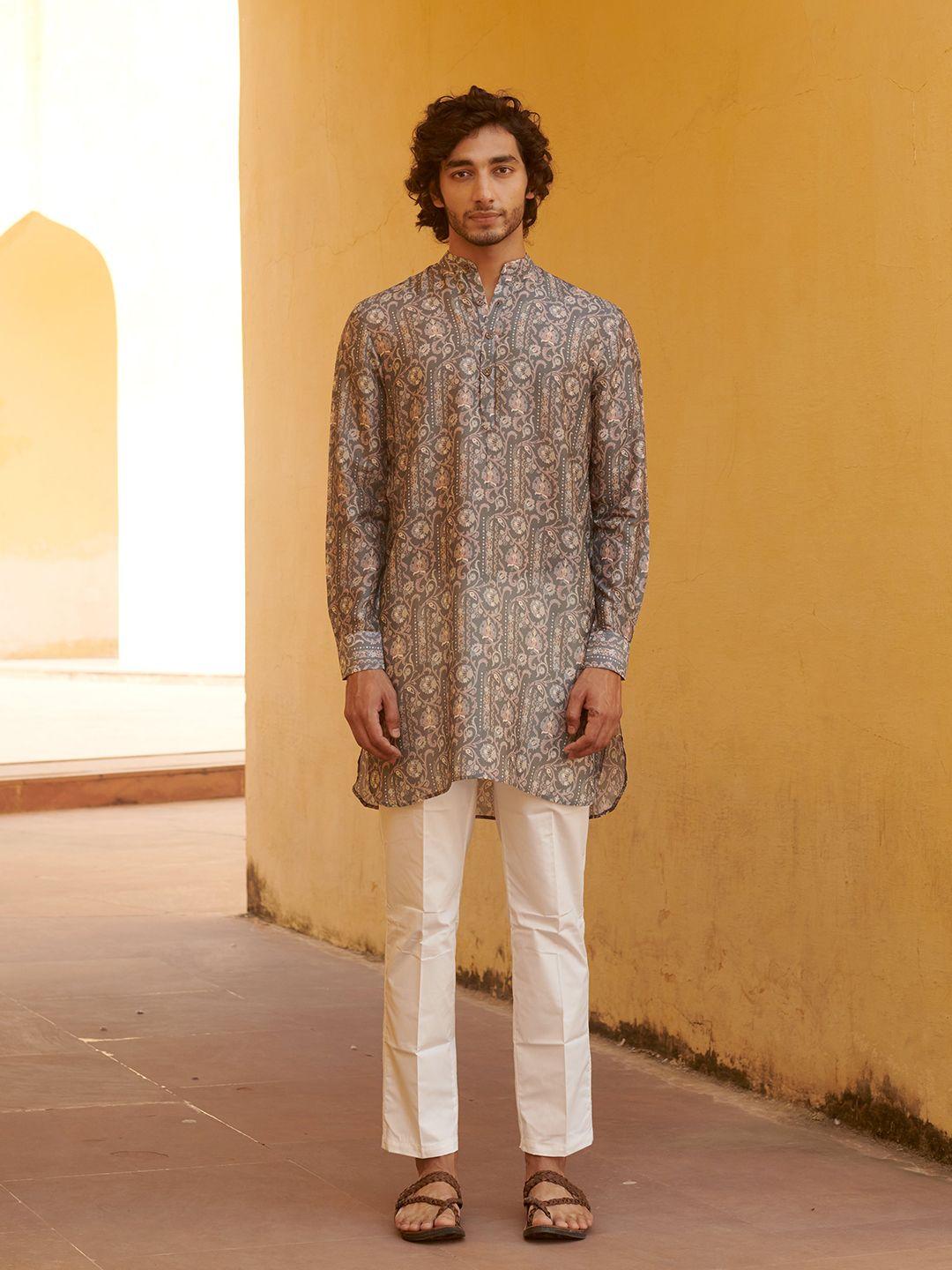 qb men ethnic motifs printed silk kurta