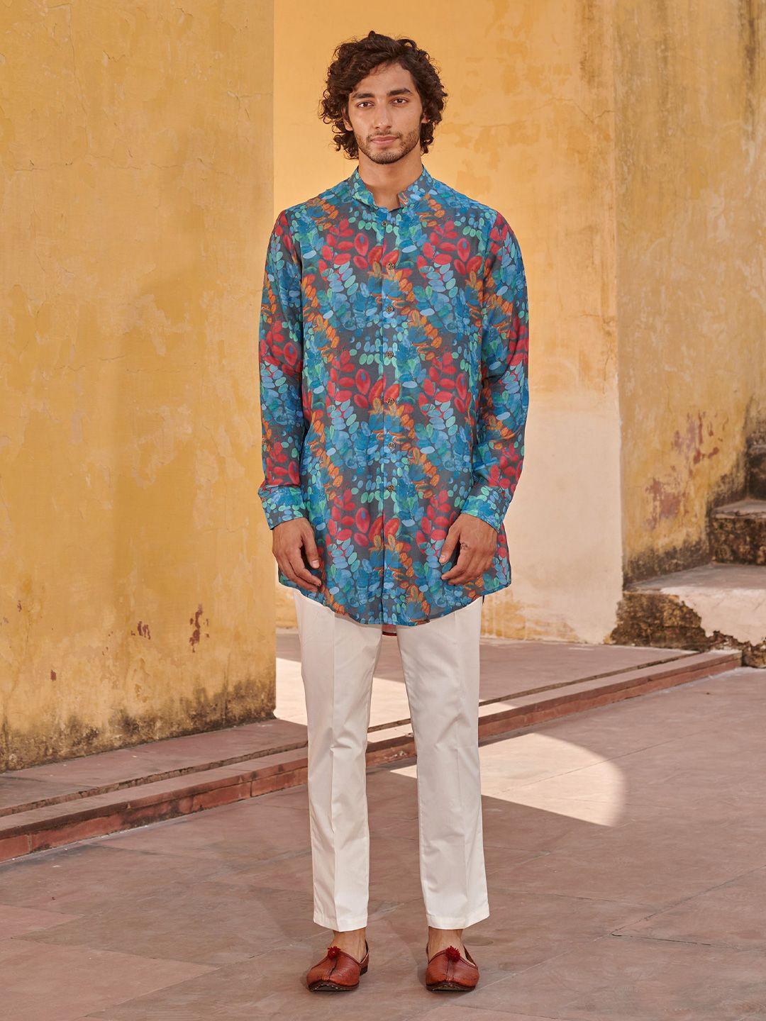 qb men floral printed mandarin collar long sleeves silk kurta