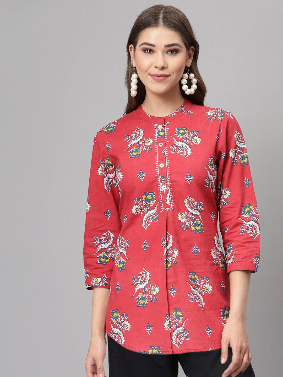 qomn red floral print mandarin collar shirt style top