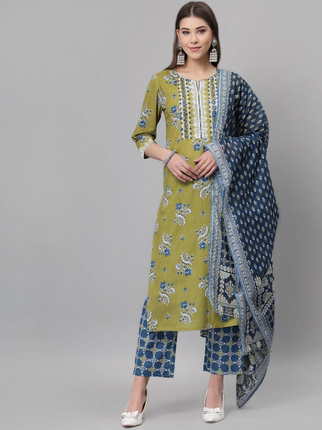 qomn women green ethnic motifs embroidered panelled gotta patti pure cotton kurti with trousers & with