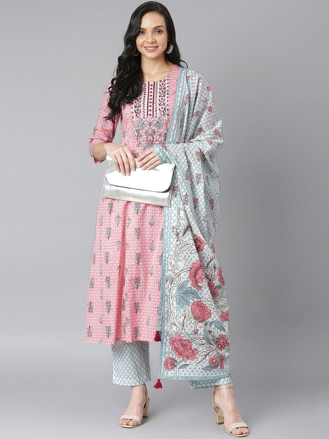 qomn women pink & sea green printed thread work pure cotton kurta with palazzos &  dupatta