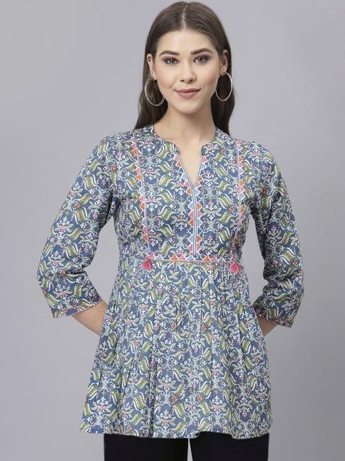 qomn blue & green cotton printed top