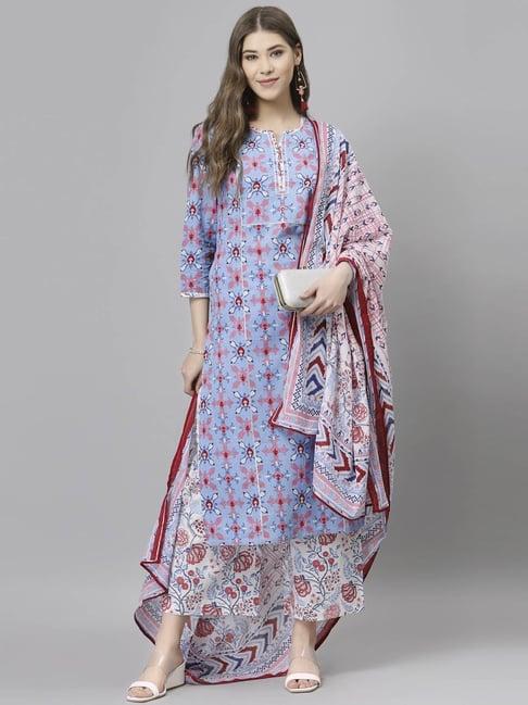 qomn blue & white cotton embellished kurta palazzo set with dupatta