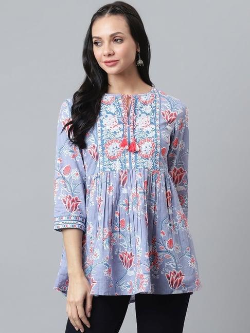 qomn blue cotton floral print top