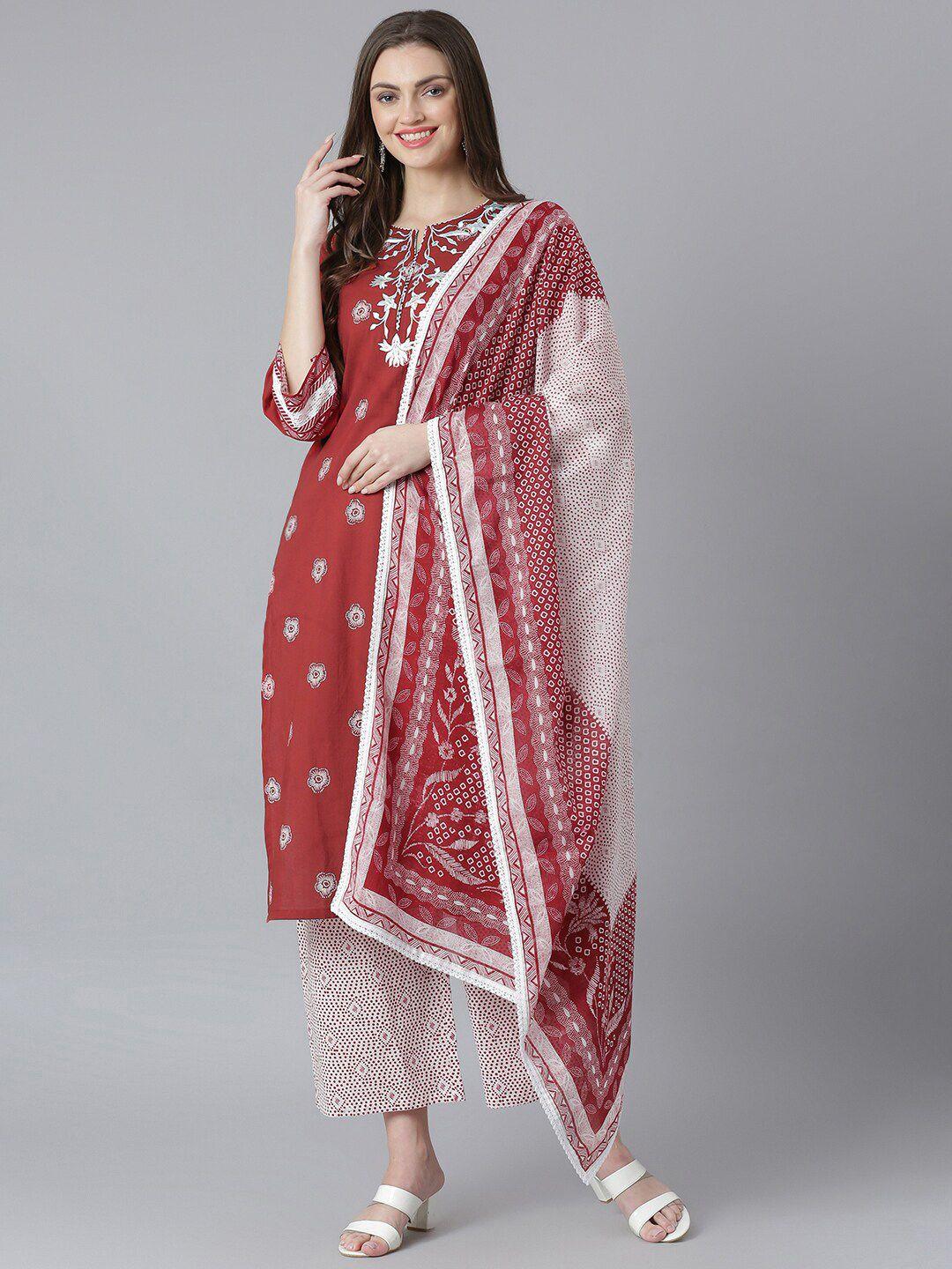 qomn floral embroidered pure cotton kurta with palazzos & dupatta