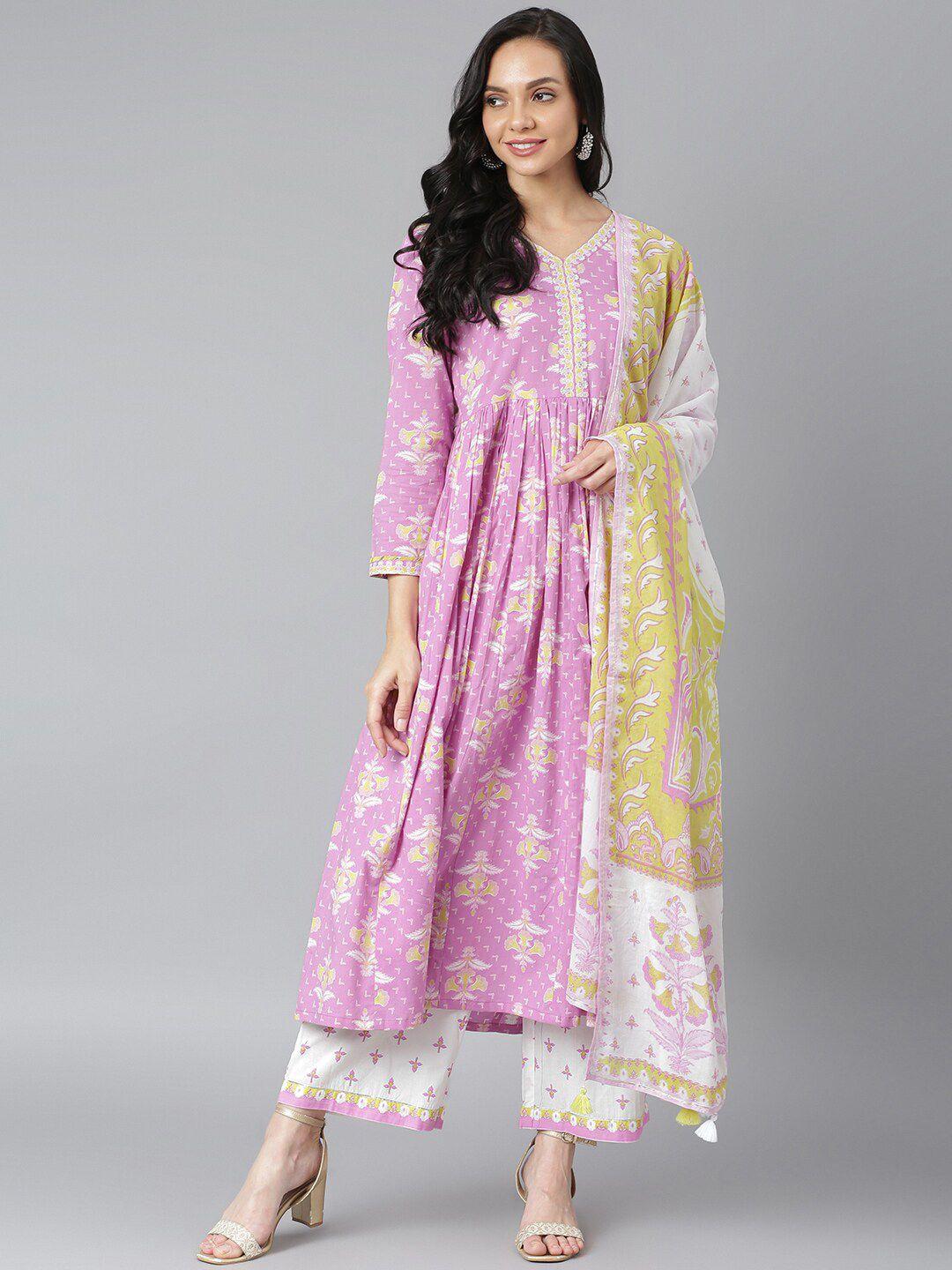 qomn floral printed empire sequinned pure cotton kurta with palazzos & dupatta