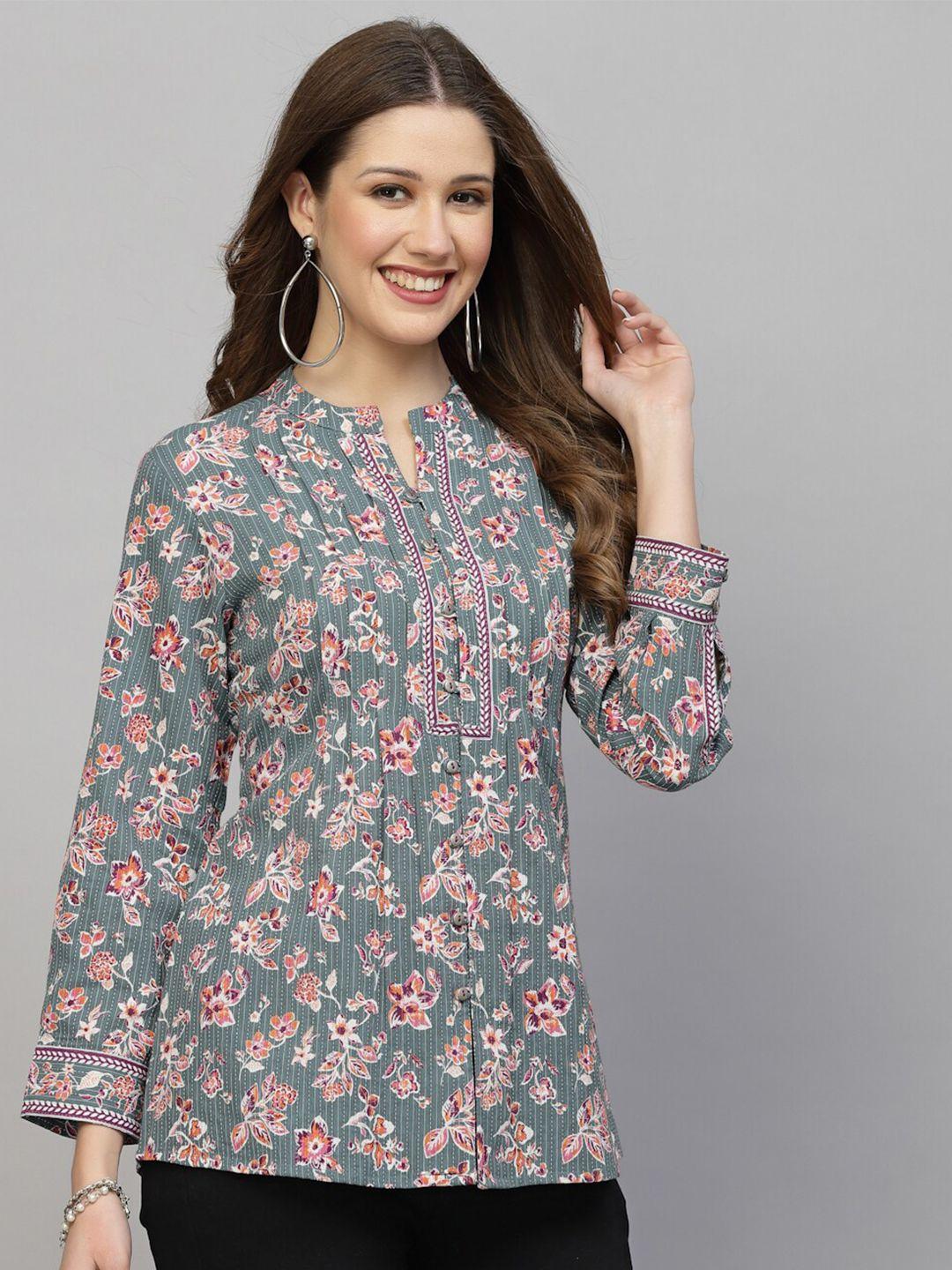 qomn floral printed mandarin collar pure cotton top