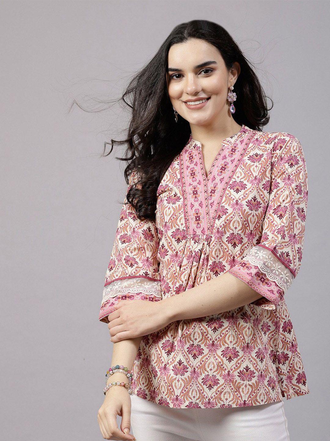 qomn pink floral flared sleeve cotton top