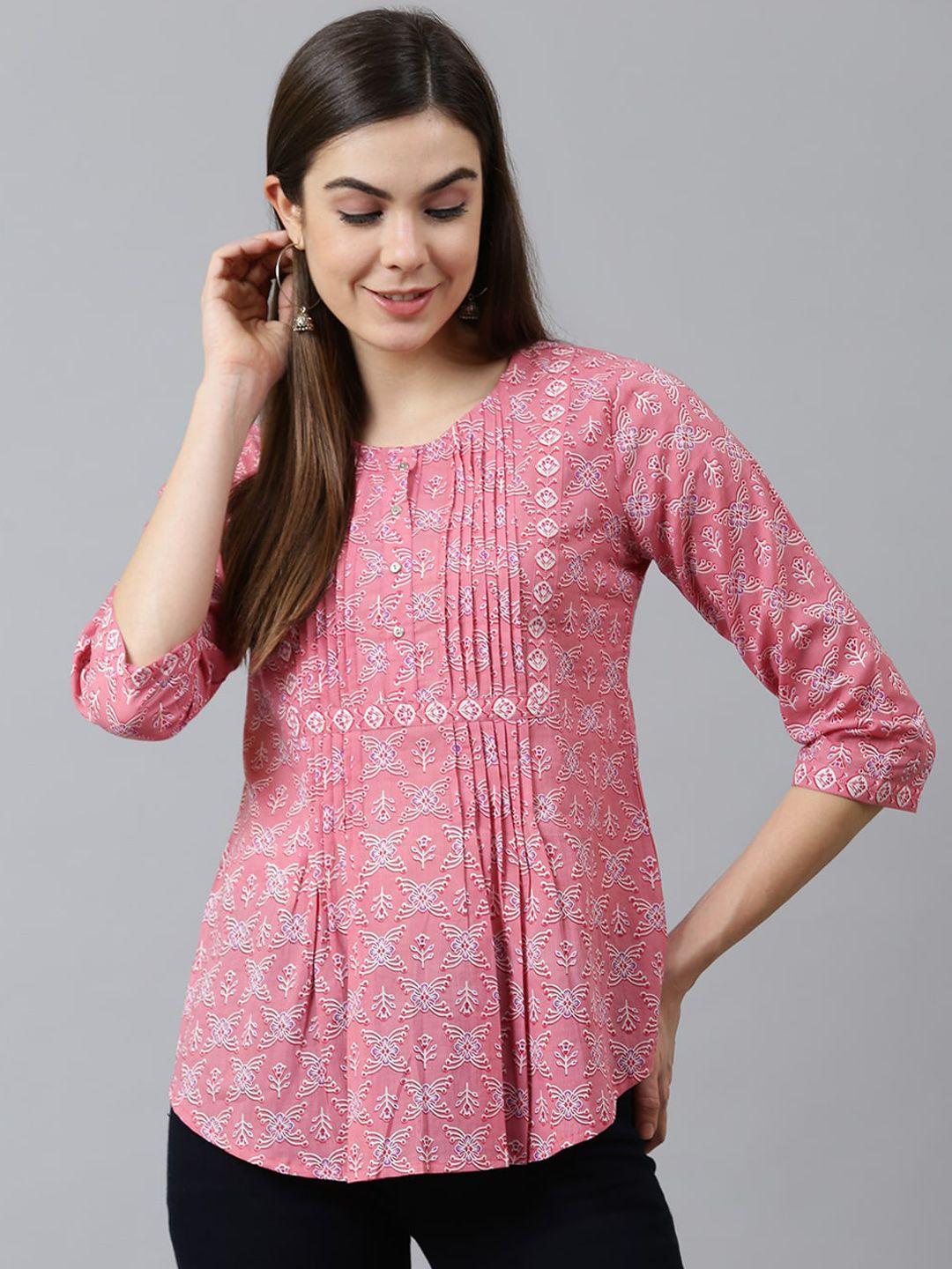 qomn pink printed pure cotton a-line top