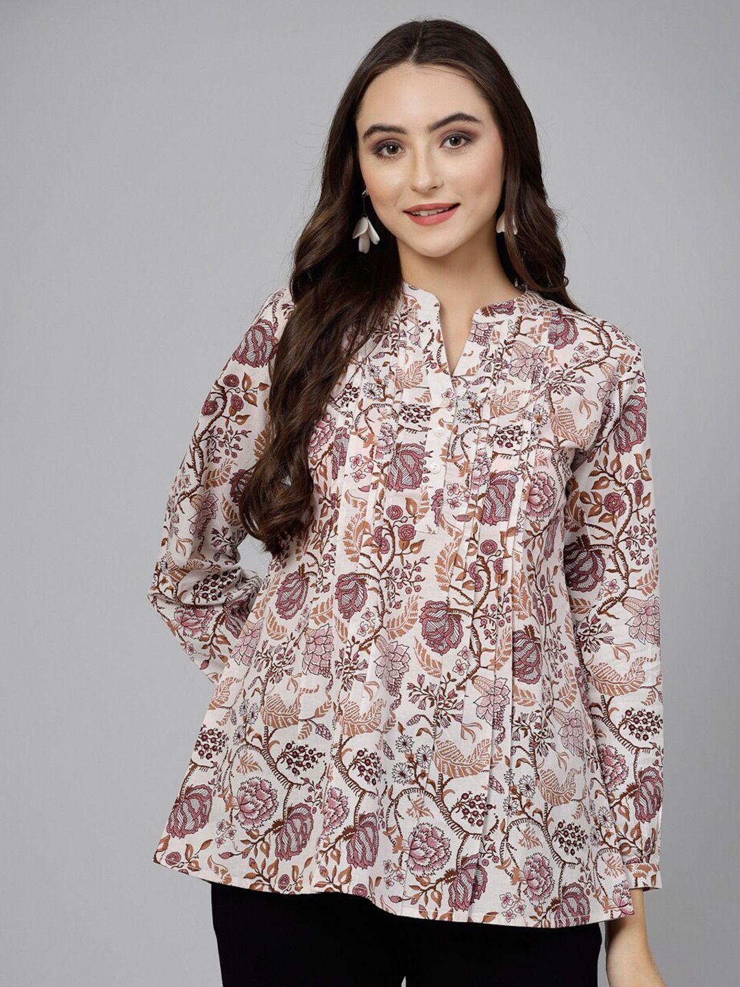 qomn print mandarin collar cotton top