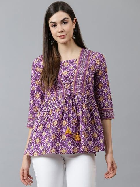 qomn purple cotton printed top