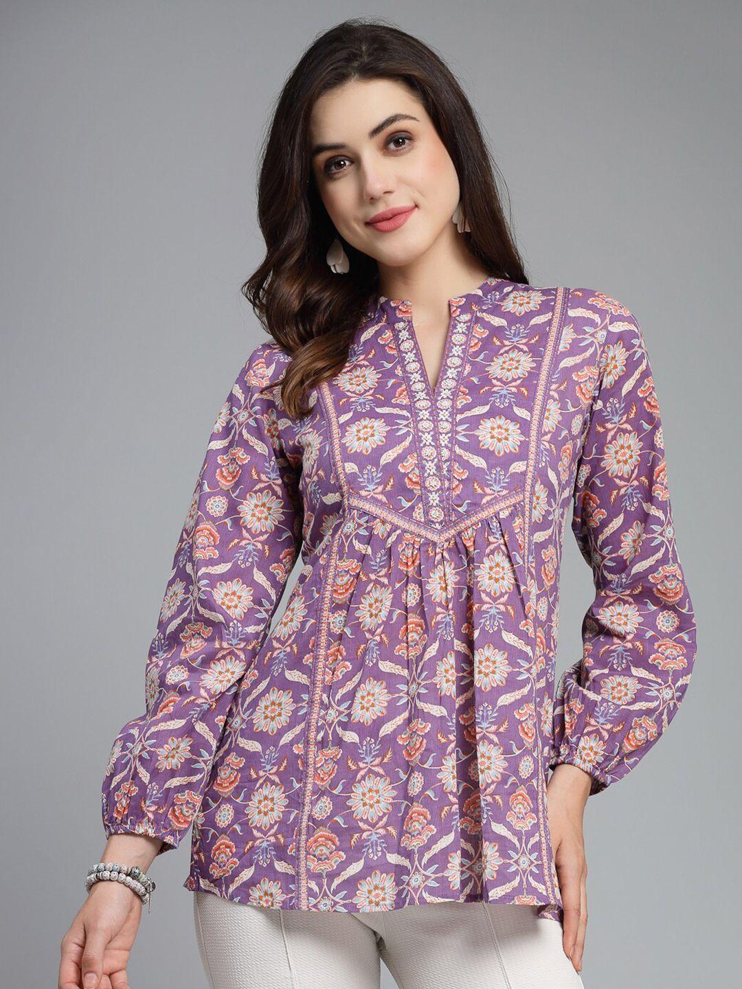 qomn purple print mandarin collar cotton top