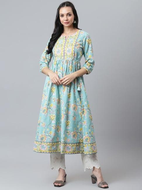 qomn sea green cotton embellished a line kurta