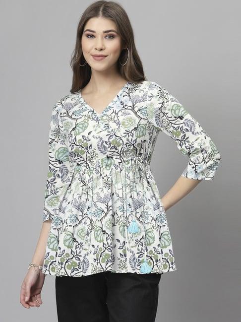 qomn white & green cotton floral print top