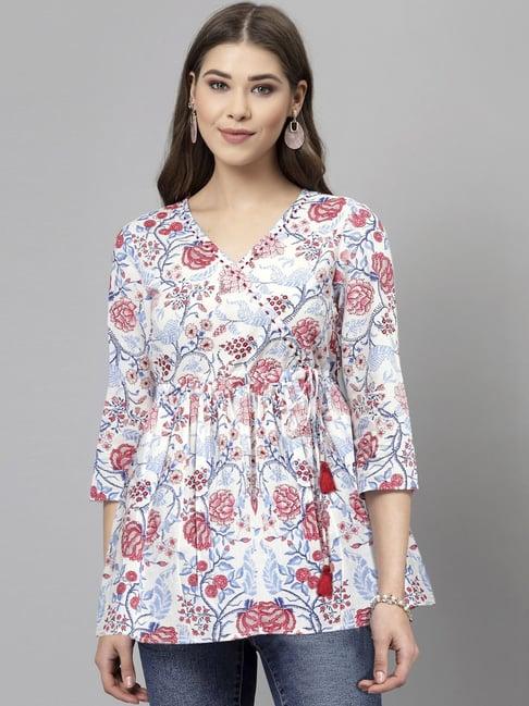 qomn white & red cotton floral print top