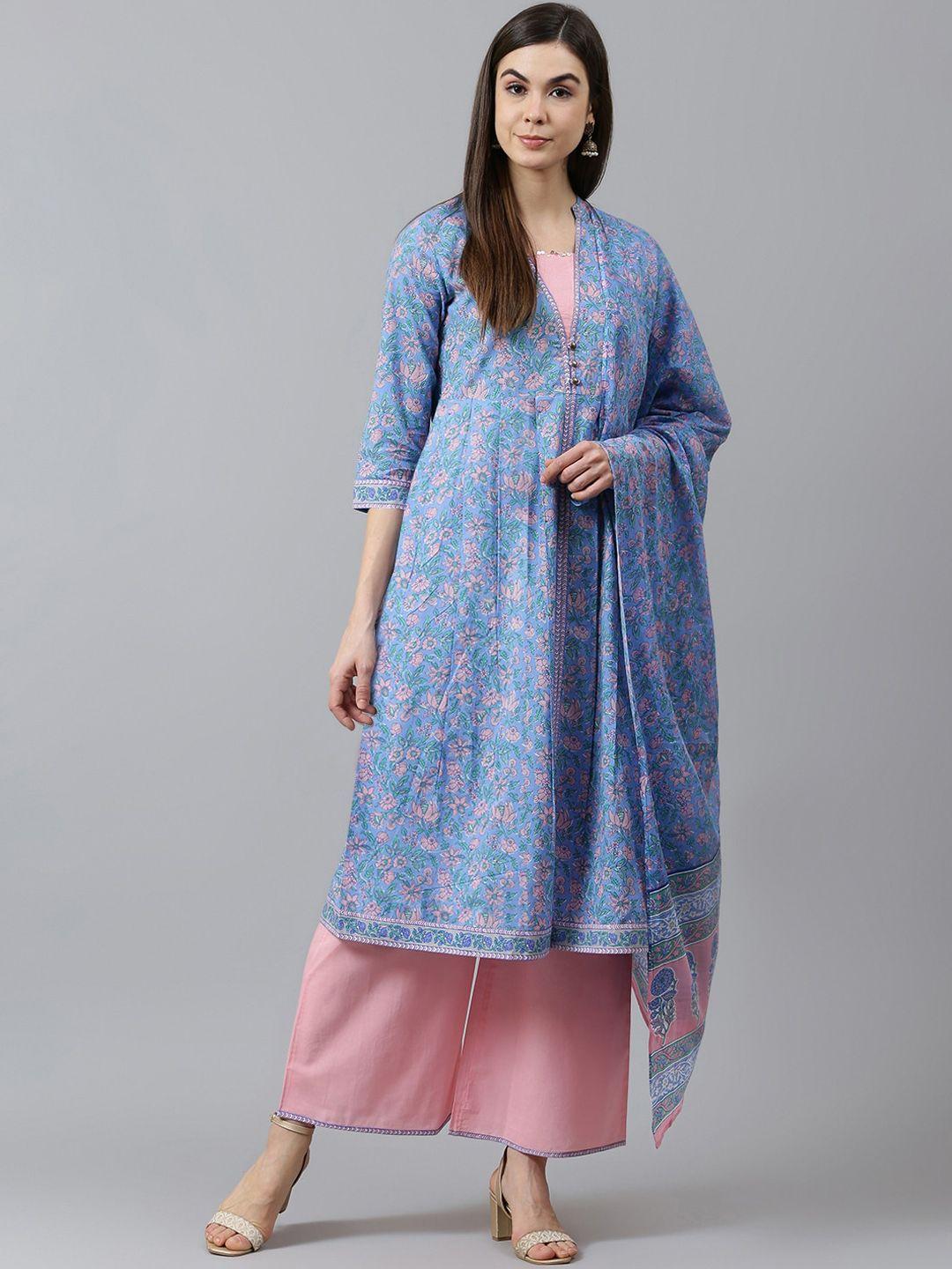 qomn women blue floral printed regular a-line pure cotton kurta with palazzos & with