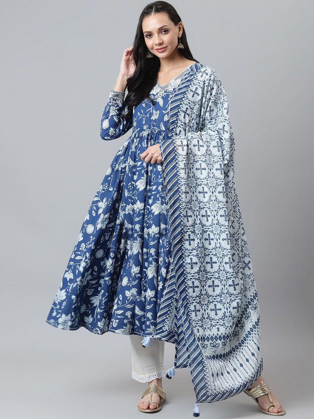 qomn women blue floral printed regular pure cotton kurta with trousers & with dupatta