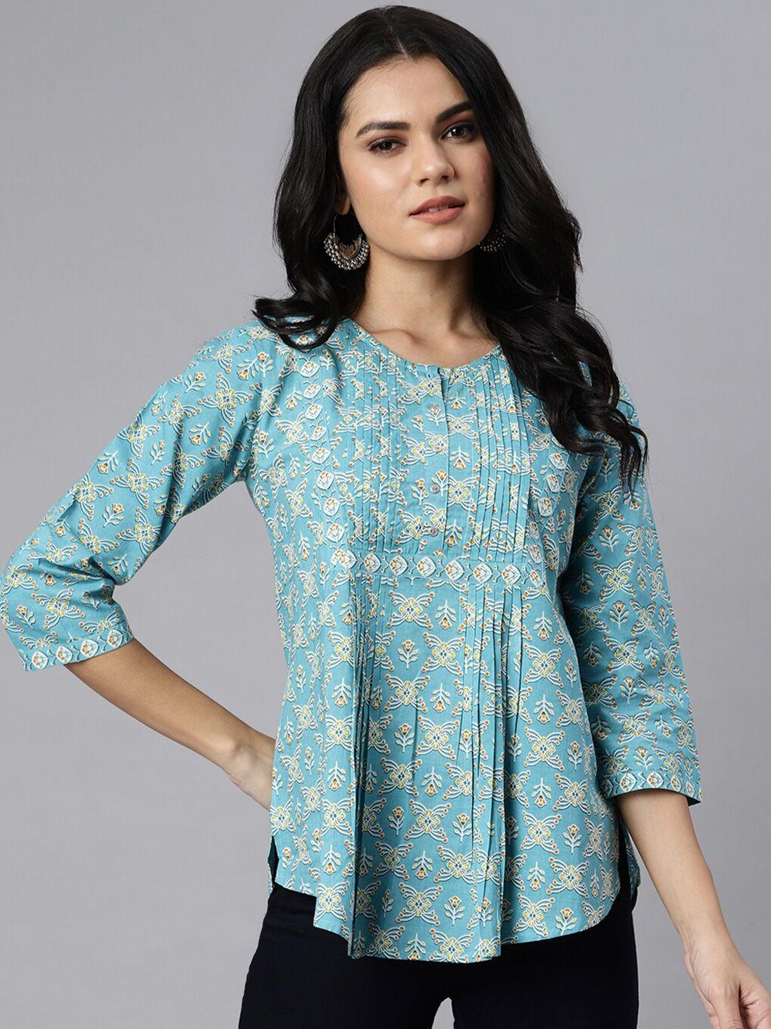 qomn women blue printed pure cotton regular top