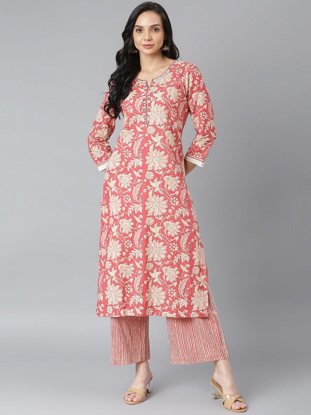 qomn women coral & beige floral printed thread work pure cotton kurta with palazzos