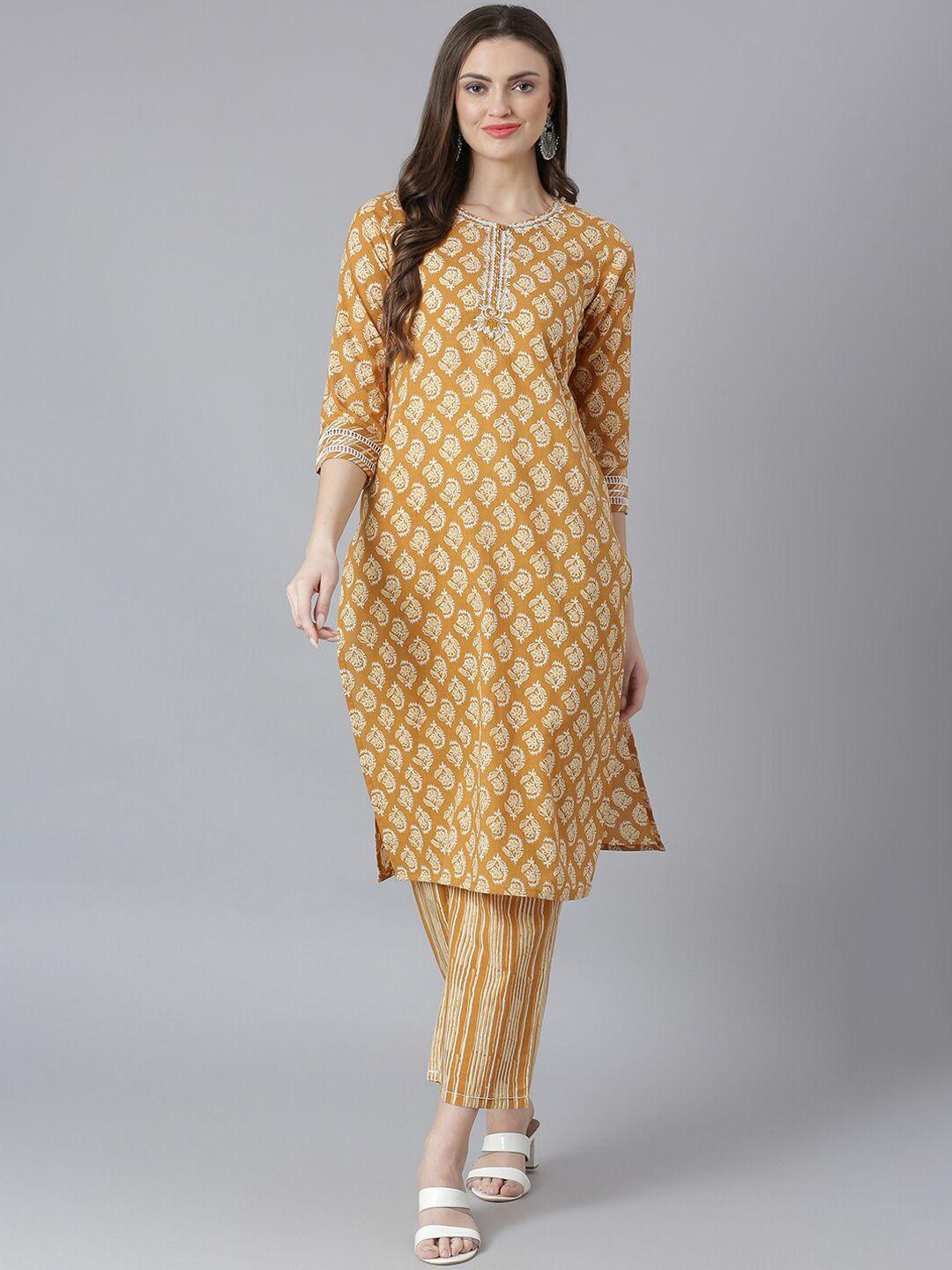 qomn women ethnic motifs printed thread work pure cotton kurta with palazzos