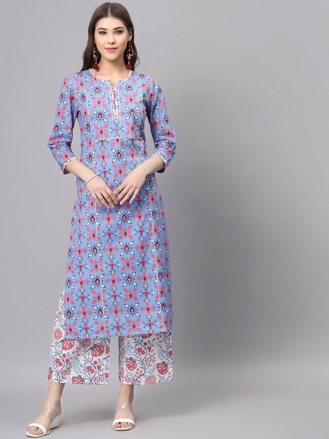 qomn women floral printed sequinned pure cotton kurta & palazzos with dupatta