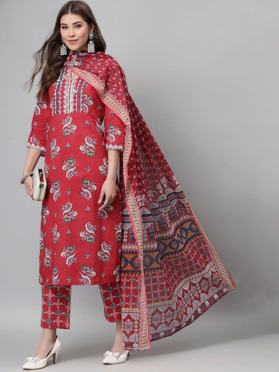 qomn women red ethnic motifs printed panelled gotta patti pure cotton kurta with trousers & with dupatta