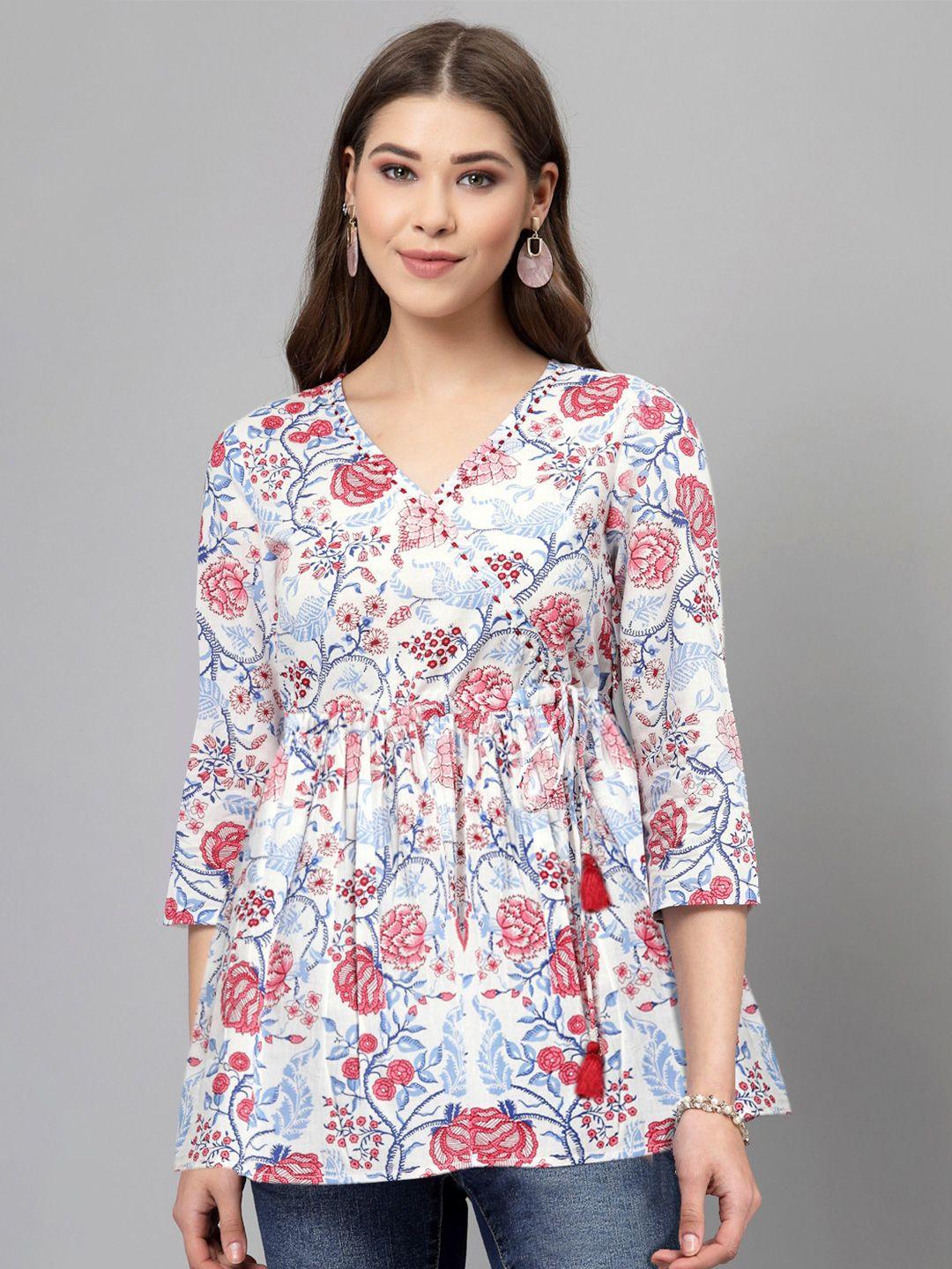 qomn women white & red floral print wrap longline top