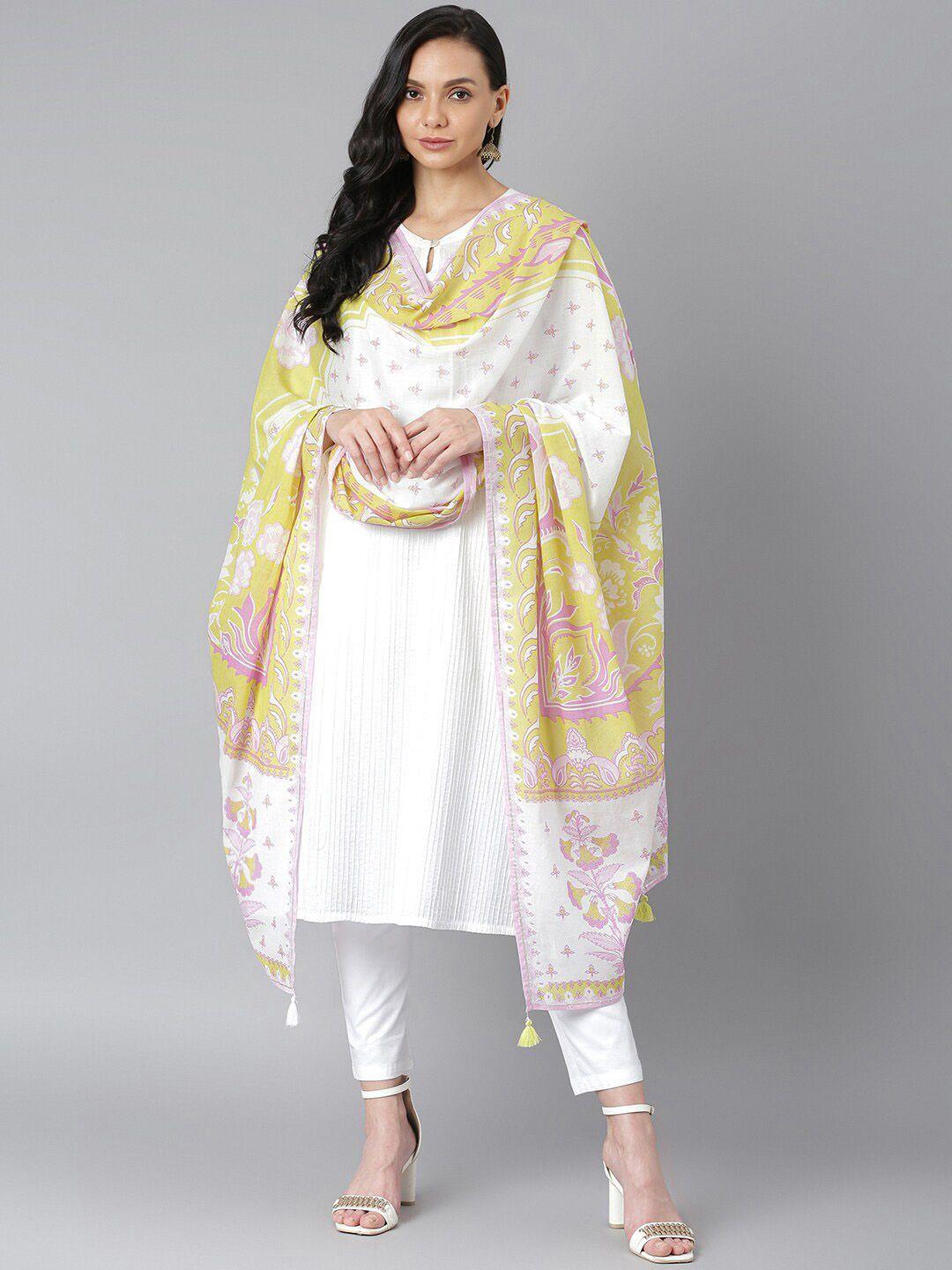 qomn yellow & pink ethnic motifs printed pure cotton dupatta