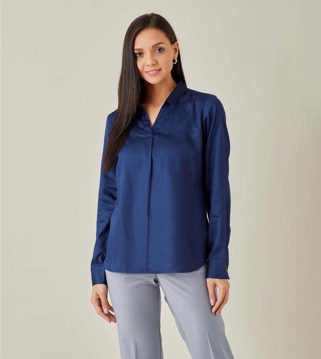 qua indigo satin front pleat top