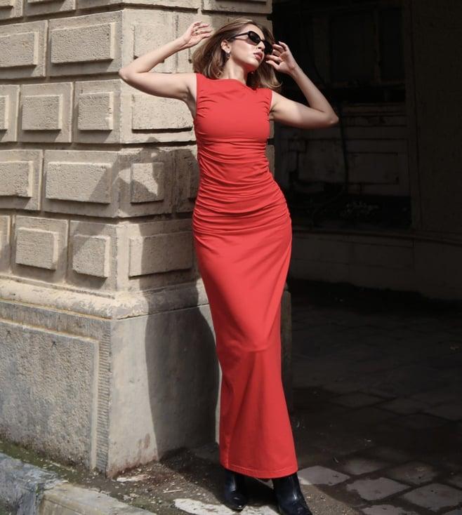 qua red ruched maxi dress