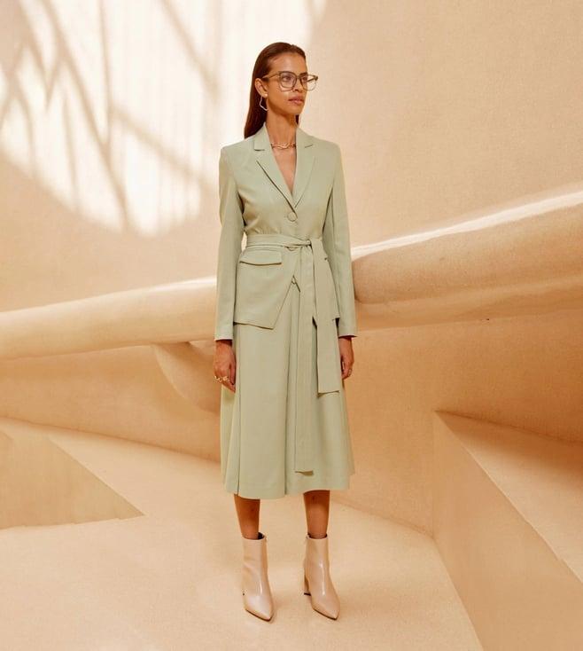 qua sage green quintenssence belted tailored blazer