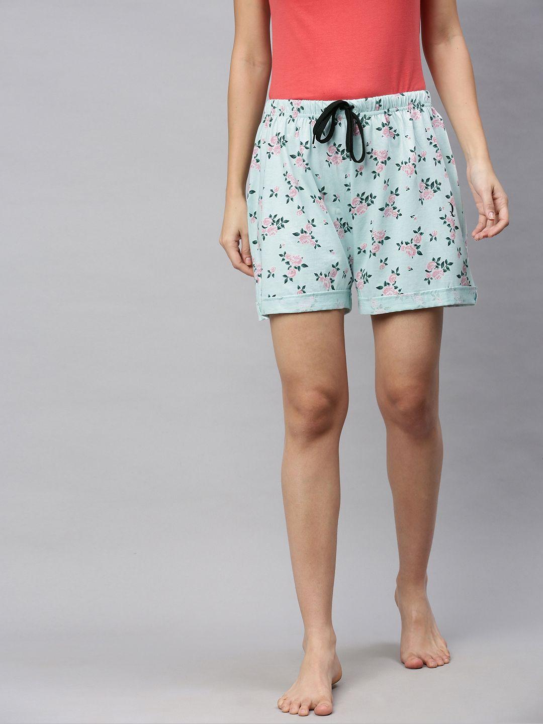 quarantine women blue pure cotton floral print lounge shorts