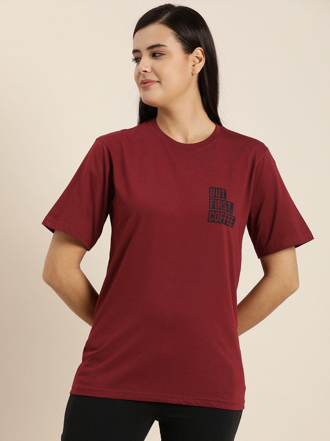 quarantine women maroon  black printed loose pure cotton t-shirt
