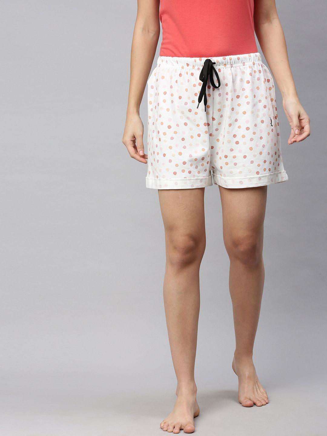 quarantine women off-white & peach-coloured polka dot print cotton lounge shorts