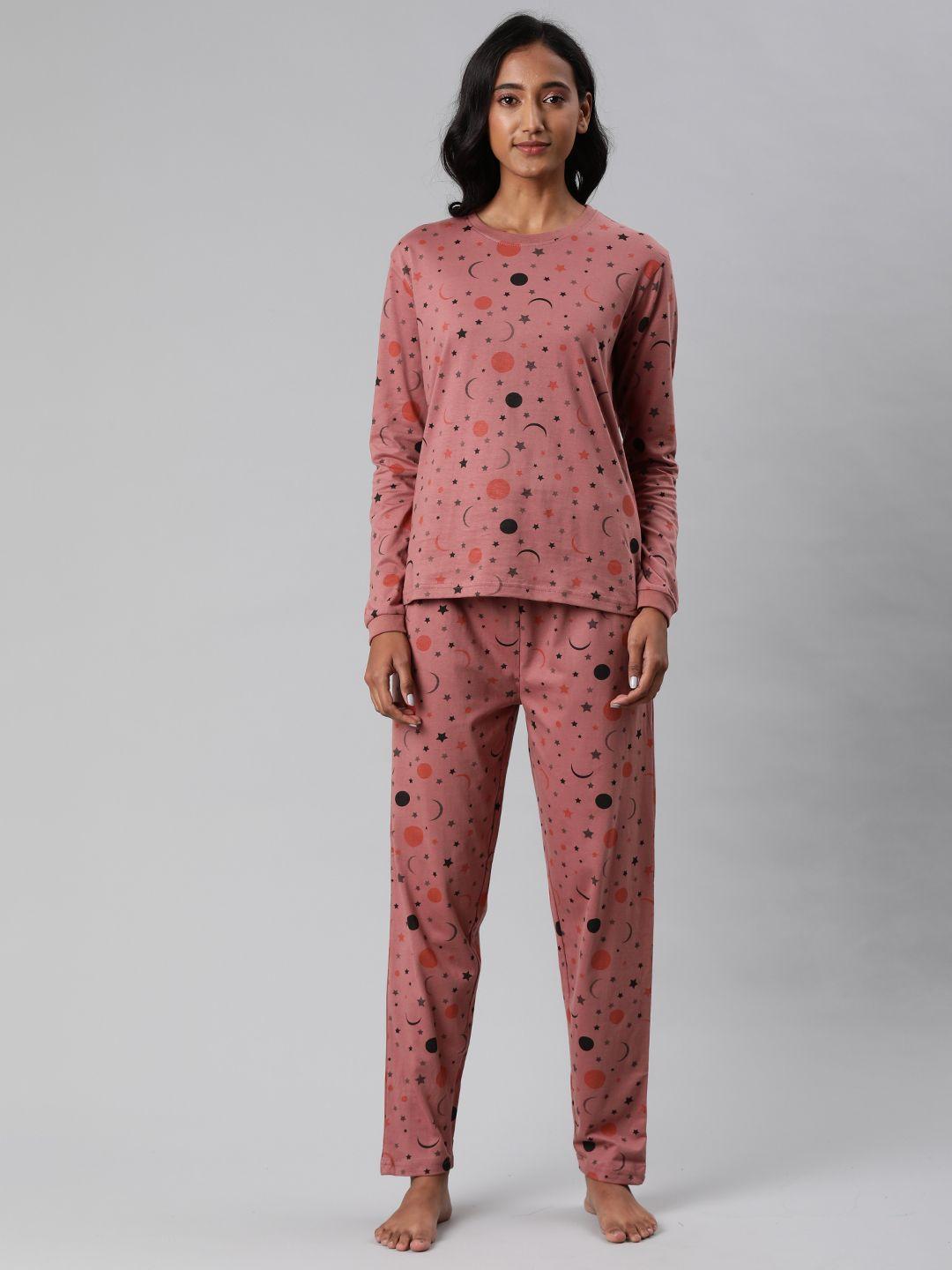 quarantine women rust pink & black conversational printed night suit