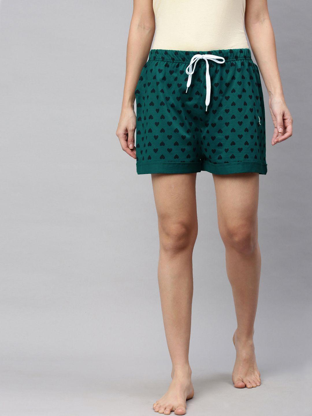 quarantine women teal green & black hearts print cotton lounge shorts