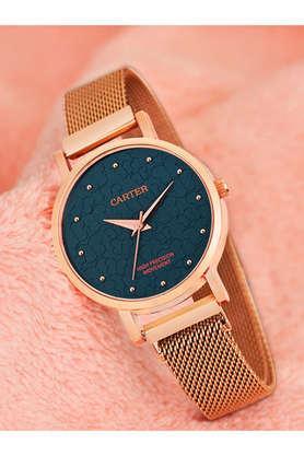 quartz 34 mm black dial metal analogue wrist watch for women - sdc24-76-rg-bk