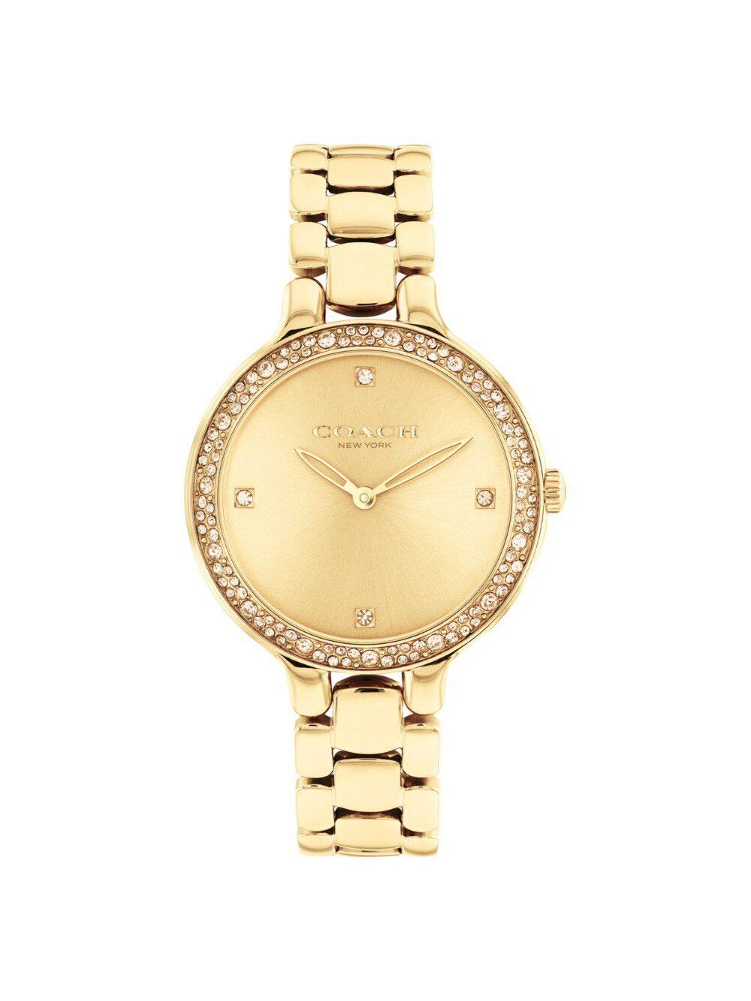 quartz analog golden dial stainless steel strap watch for women (m)
