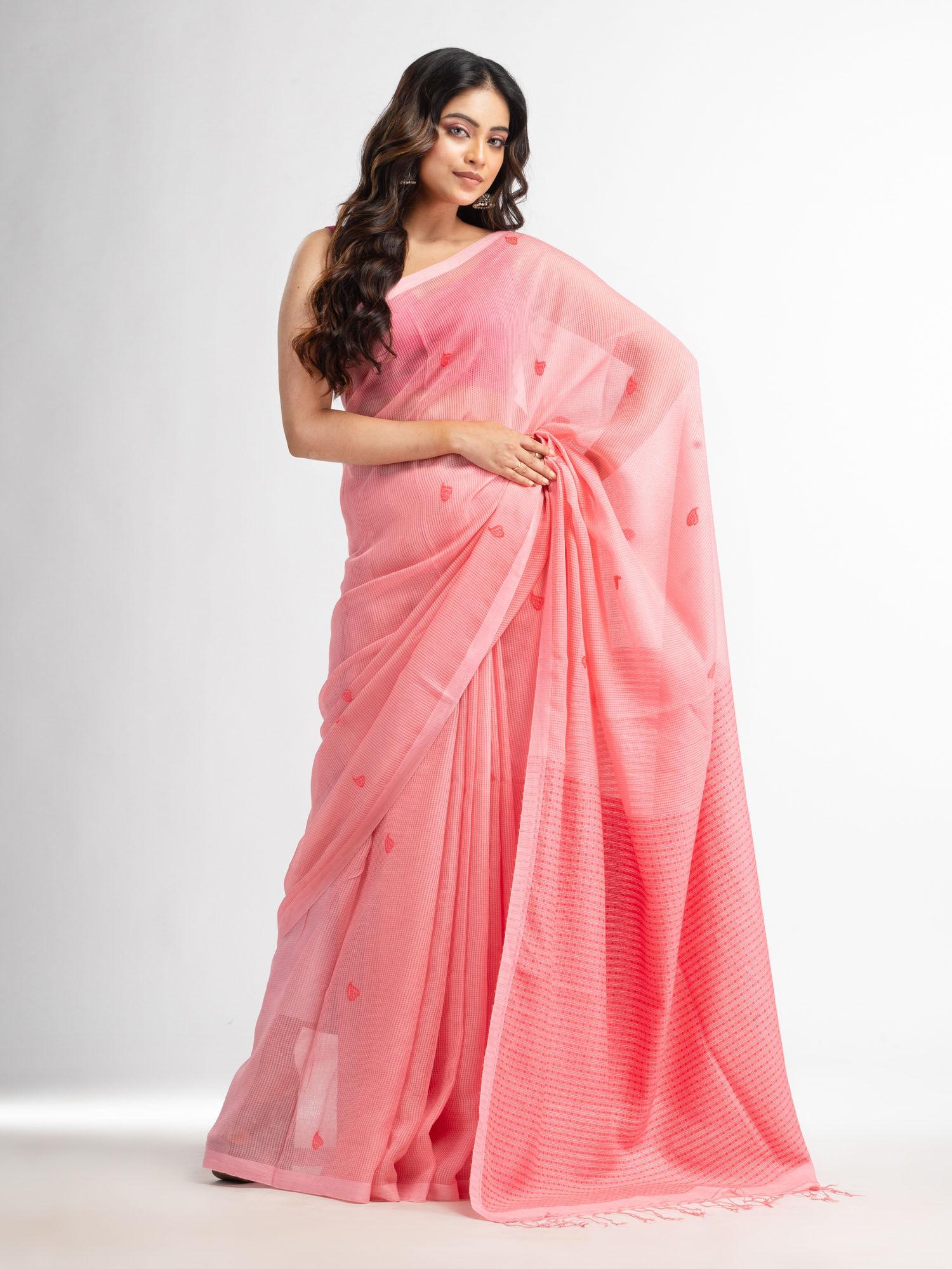 quartz pink resham cotton kota check buti jacquard pallu saree with unstitched blouse